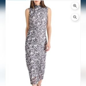 Betsey Johnson Sleeveless High-Neck Floral Midi Dress in Black and White